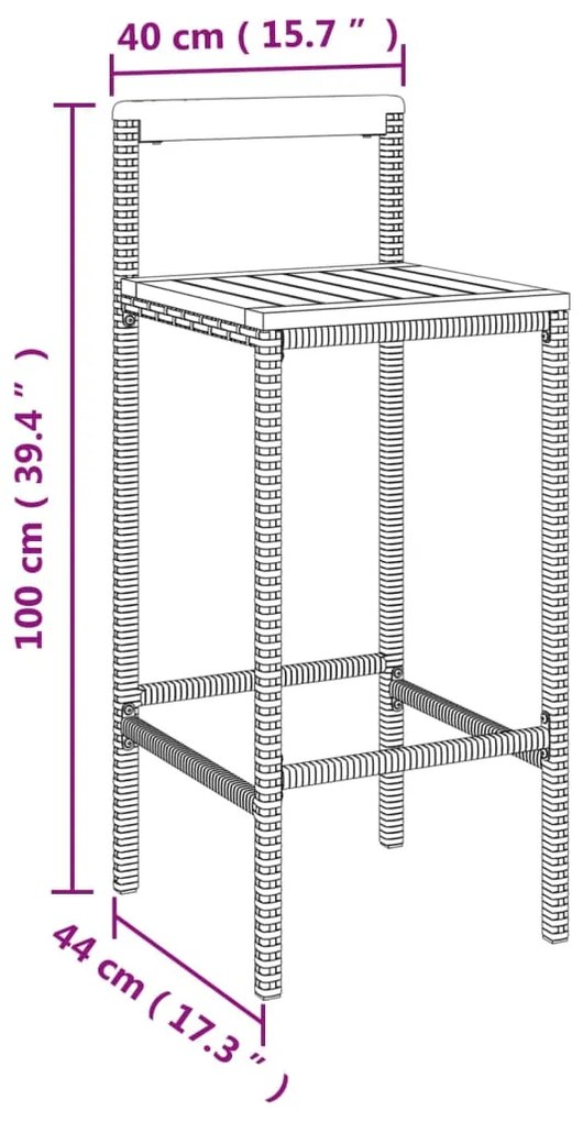 3 pcs conjunto de bar p/ jardim vime PE/acácia maciça preto