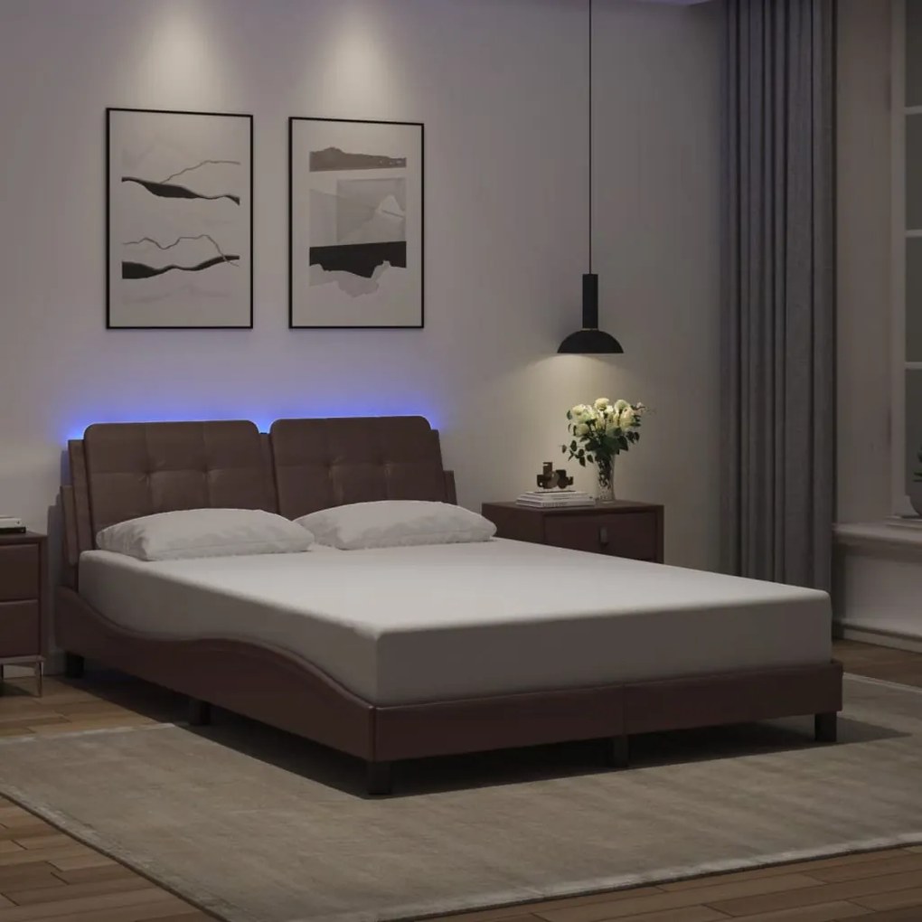 vidaXL Estrutura cama c/ luzes LED 120x200cm couro artificial castanho