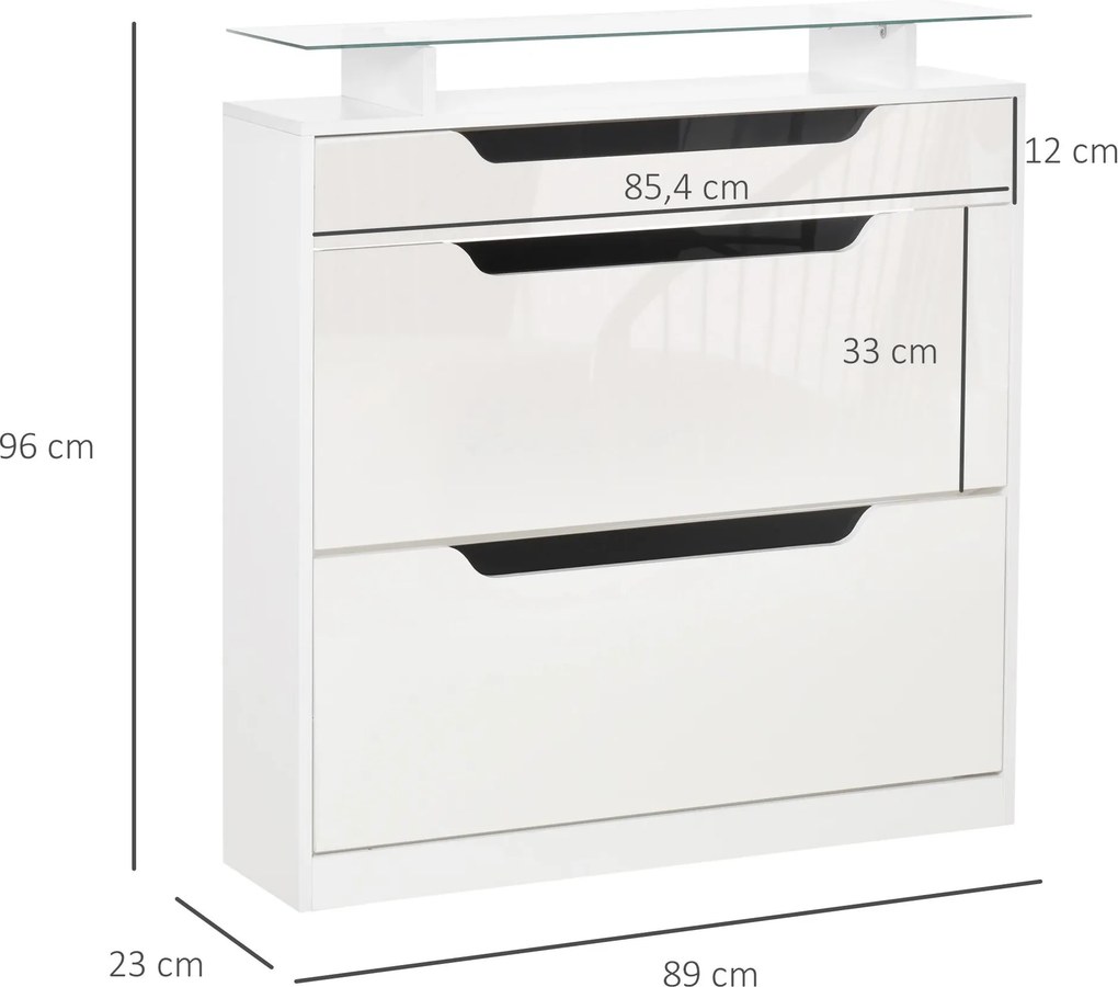 Sapateira Entrada Estreito Móvel para 16 pares de Sapatos com 2 Portas Gaveta Prateleira Aberta e Bancada de Vidro 89x23x96cm Branco