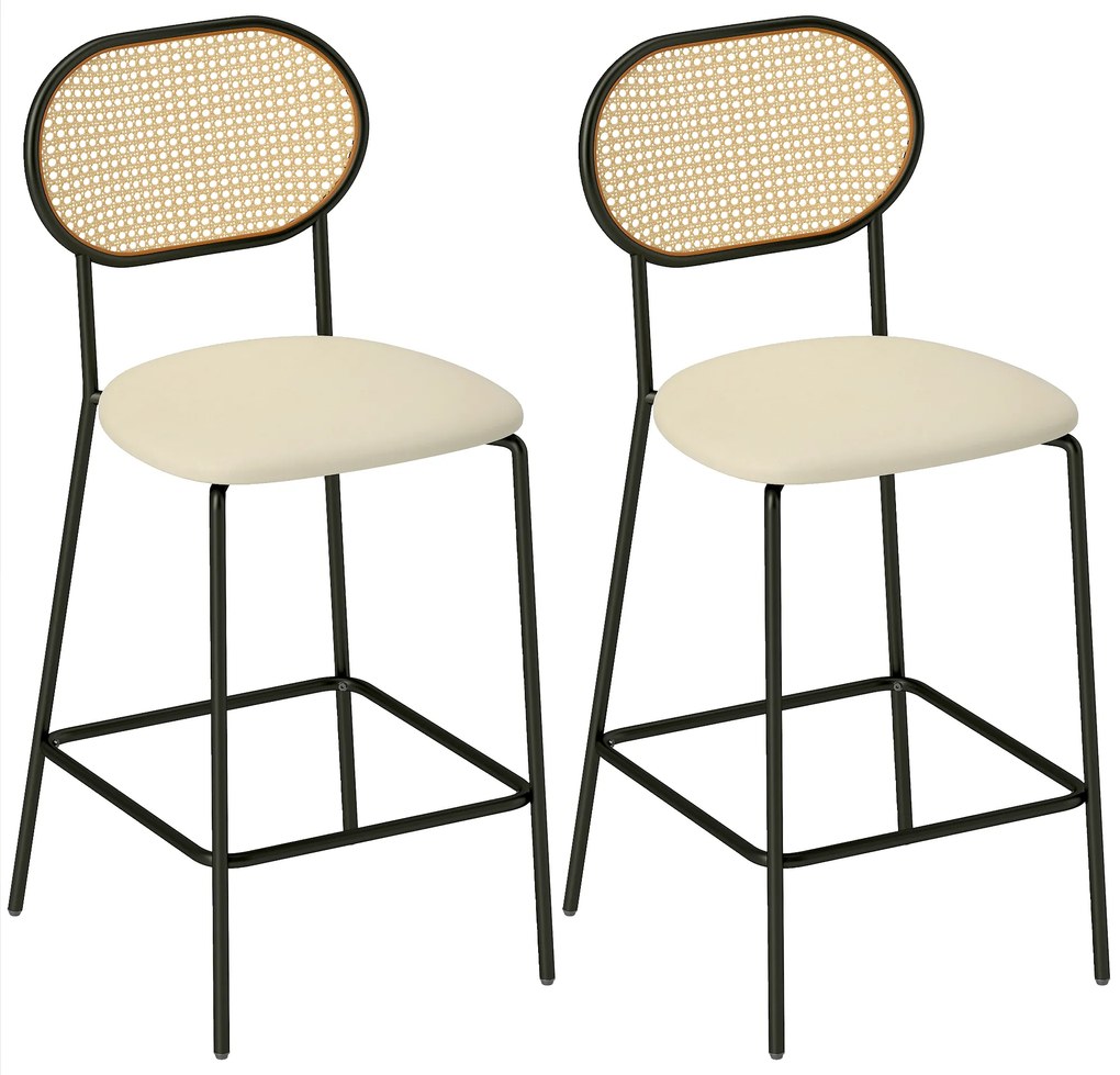 HOMCOM Cadeiras Altas Conjunto de 2 Bancos de Bar de Cozinha com Encosto em Vime Assento em PU Estrutura de Aço 45x50x97 cm Creme | Aosom Portugal