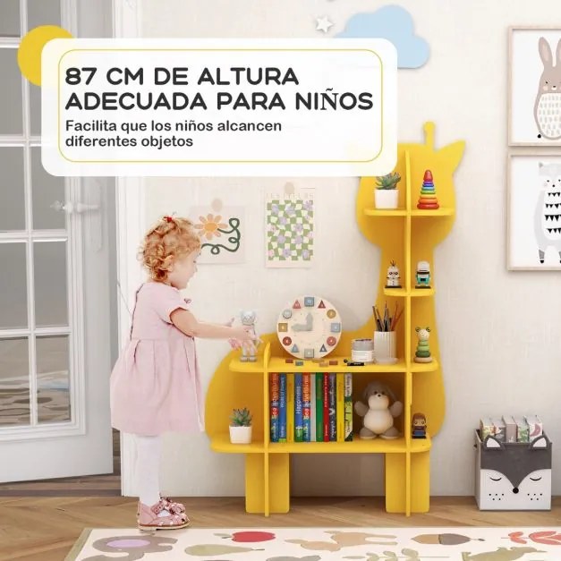 Estante de madeira para crianças com 4 níveis para girafas Organizador de brinquedos com prateleiras de arrumação abertas Amarela