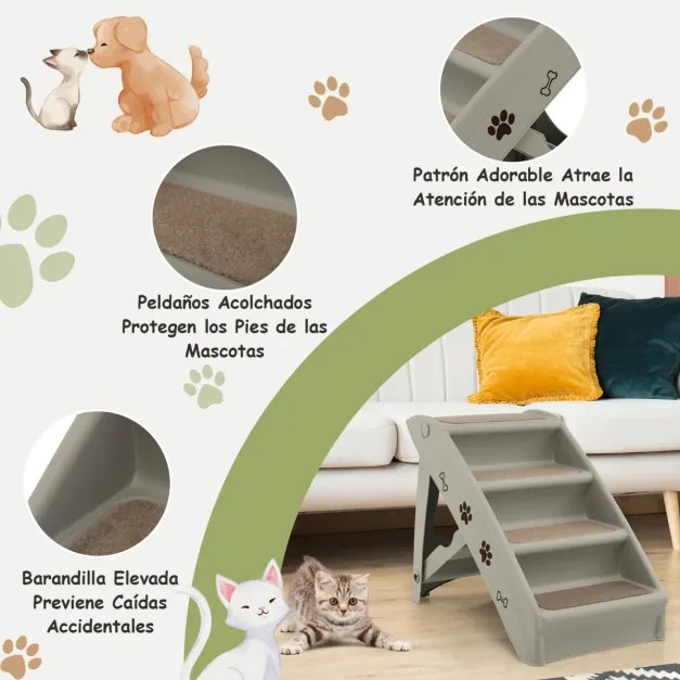 Escada de plástico dobrável para animais de estimação com 4 degraus para interior e exterior com feltro macio 62,5 x 38 x 49 cm Cinzento