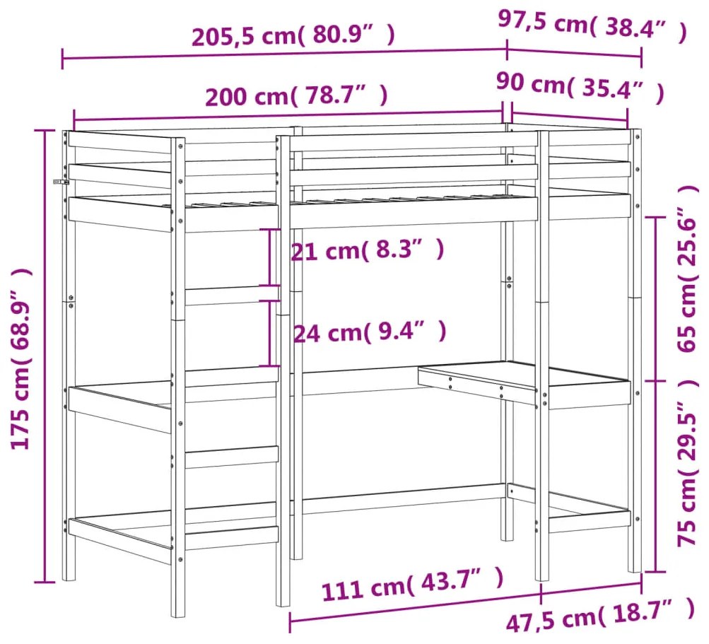 Cama alta c/ secretária 90x200 cm pinho maciço castanho-cera