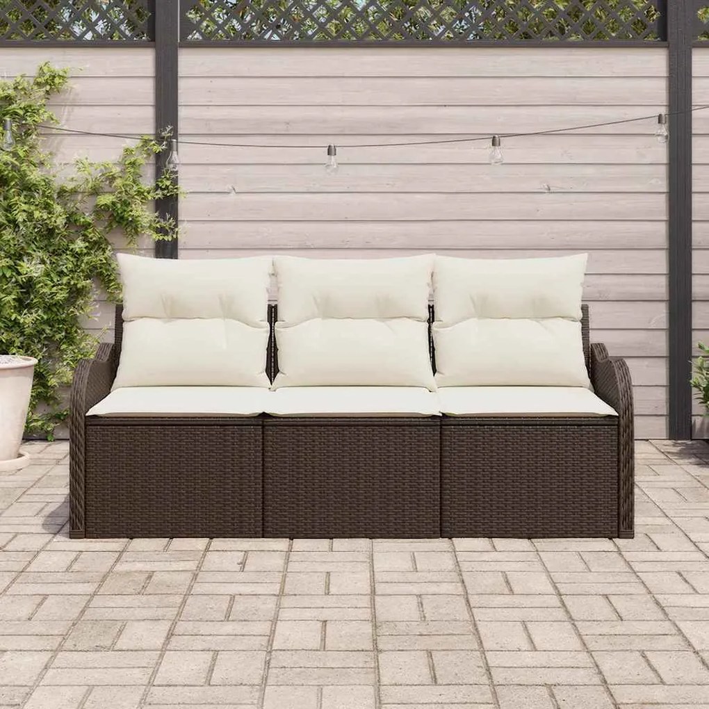 Conjunto de Sofá de Jardim de 3 Peças com Almofadas Marrom Poliratan