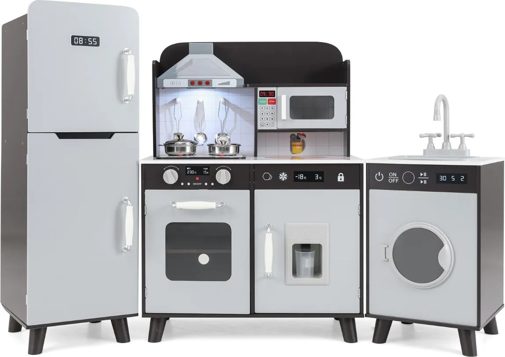 Cozinha infantil 120 x 30 x 90 cm com acessórios 3 em 1 Cozinha de madeira para crianças com frigorífico e máquina de lavar roupa cor Castanho