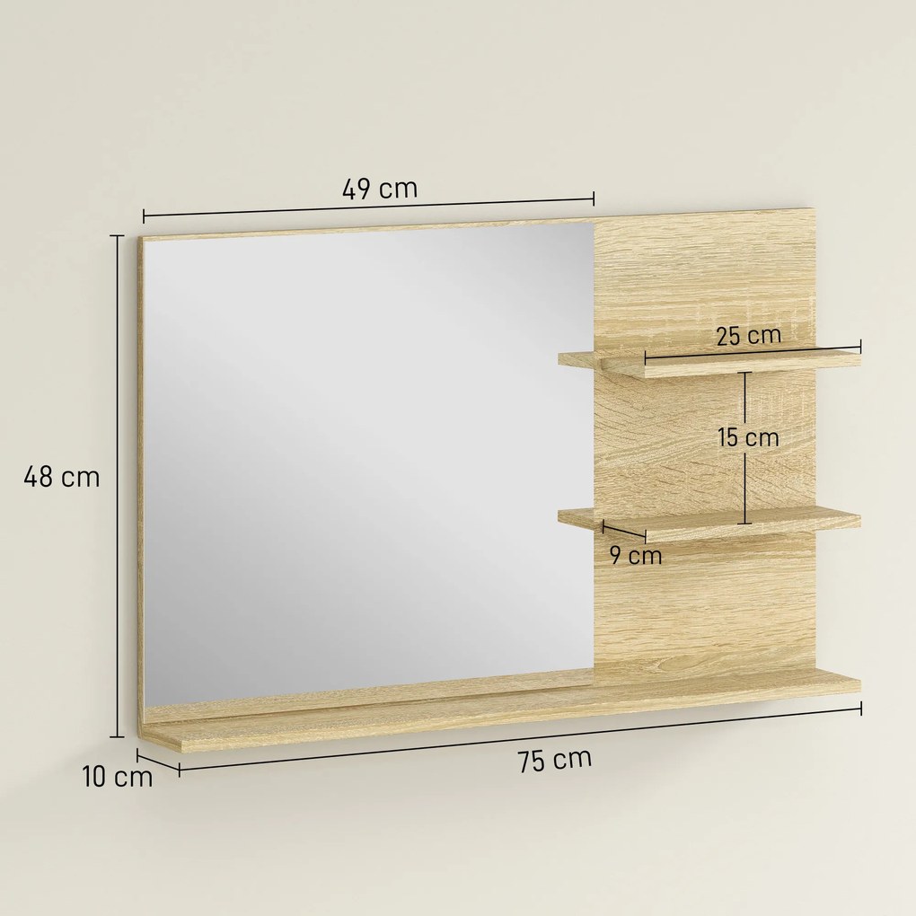 Espelho de Parede para Casa de Banho com 2 Prateleiras Laterais e Prateleira Inferior 75x10x48 cm Madeira Natural