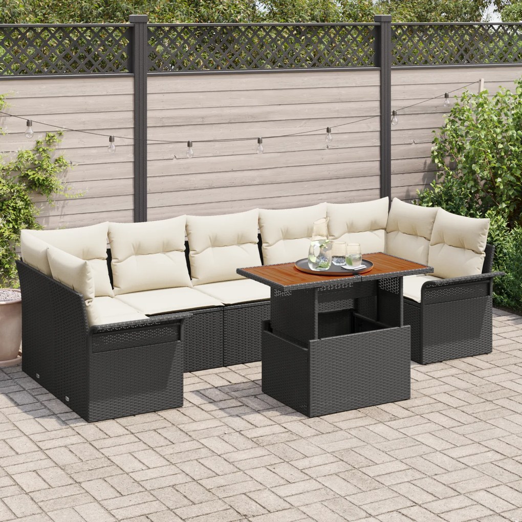 Conjunto de Sofá de Jardim de 8 Peças com Almofadas Preto Rattan Polié