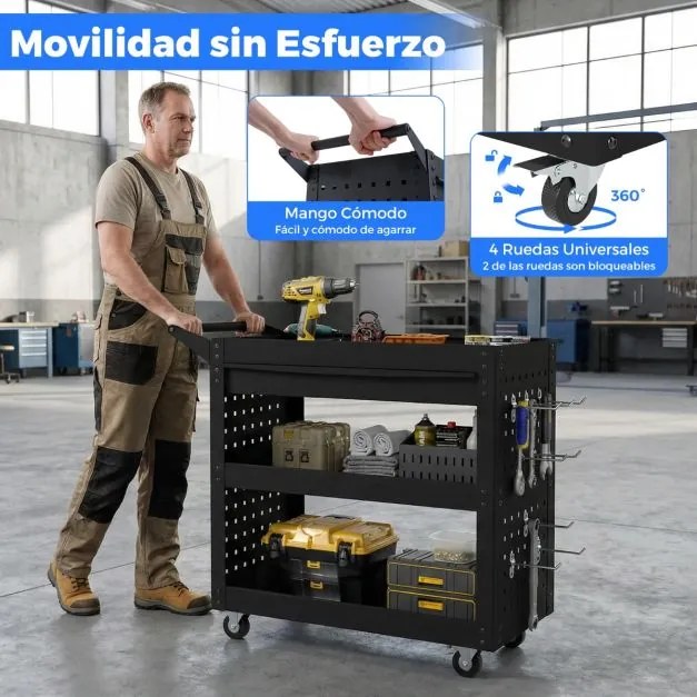 Armário para ferramentas metálico 80 x 35 x 73 cm com rodas, 3 níveis, gaveta e painéis perfurados para oficina, preto