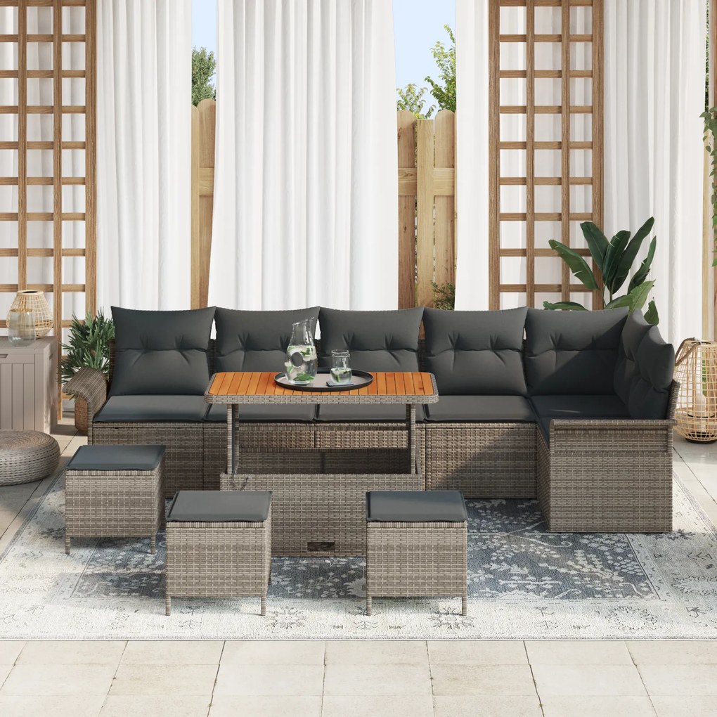Conjunto de Sofá de Jardim de 10 Peças com Almofadas Cinza Rattan de P