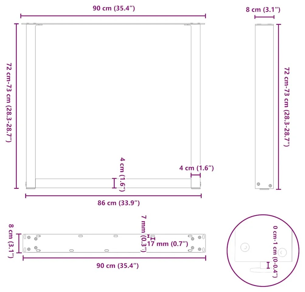Pés para mesa de jantar em formato de U, 3 peças, branco, 90x (72-73)