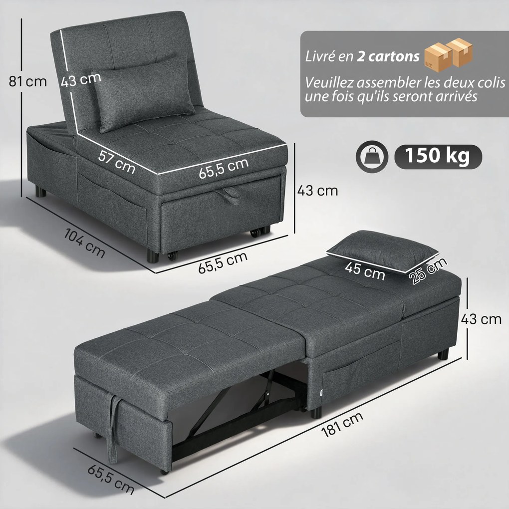 Poltrona convertível de 1 lugar, transformável em cama, com encosto ajustável, assento almofadado e almofada, cinzenta