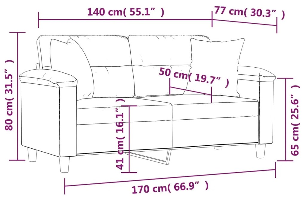 Sofá Darma - De 2 Lugares e com 2 Almofadas Decorativas - Cor Creme -