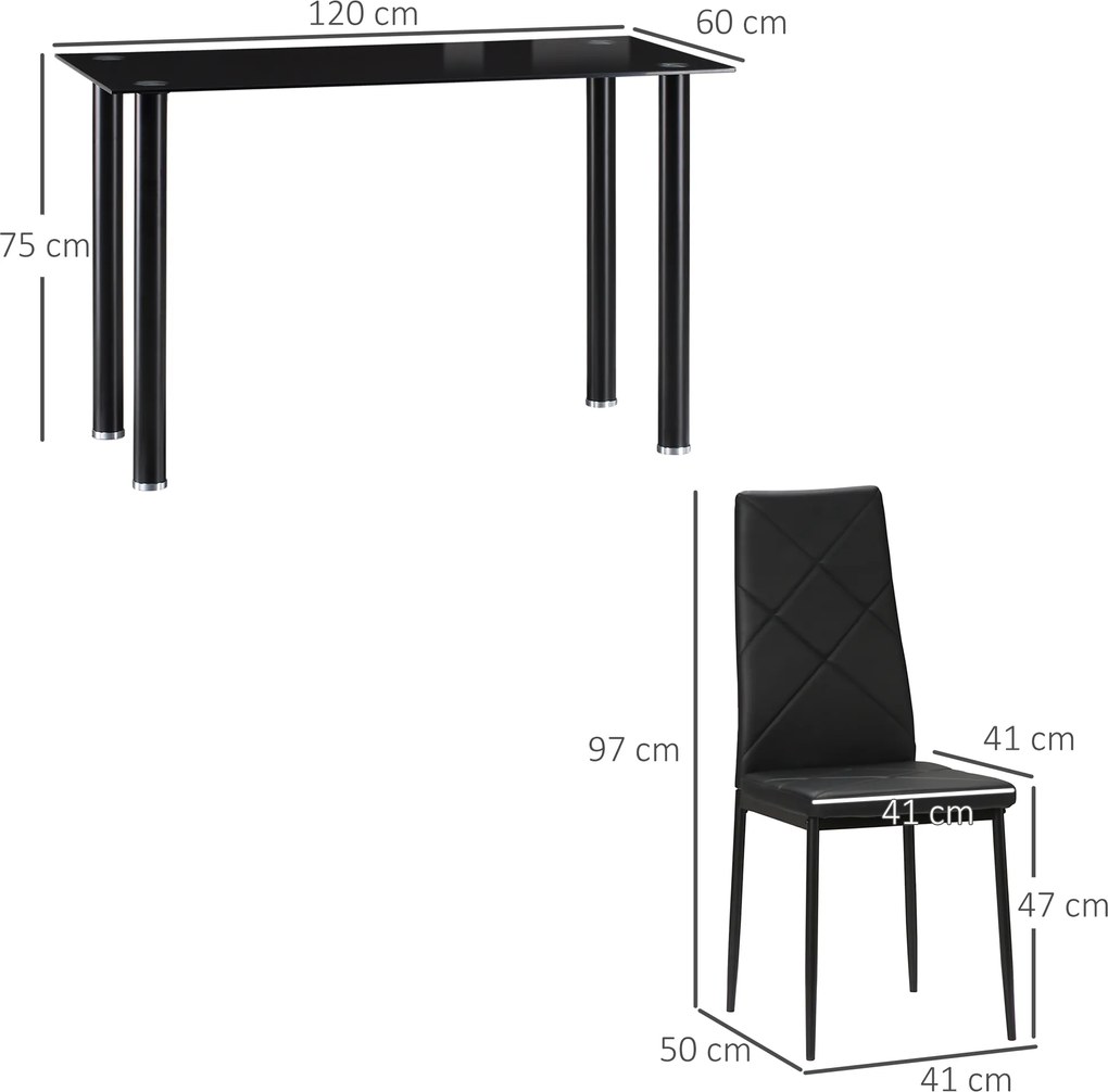 Conjunto de mesa de jantar com 4 cadeiras, tampo em vidro temperado e pés em aço, para cozinha ou sala de estar, na cor preta