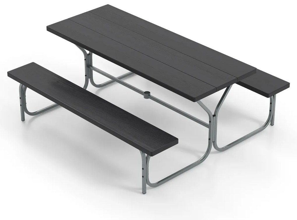 Conjunto jardim de 2 bancos e mesa para 8 pessoas com estrutura metálica Buraco para guarda-sol Preto