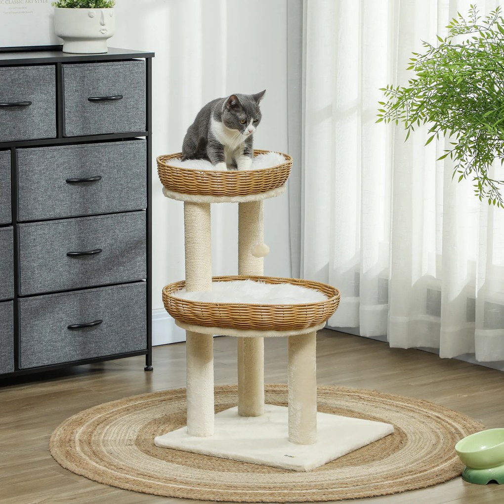 Arranhador para gatos com 75,5 cm de altura, com duas camas para gatos em rattan, arranhadores e almofadas laváveis em bege