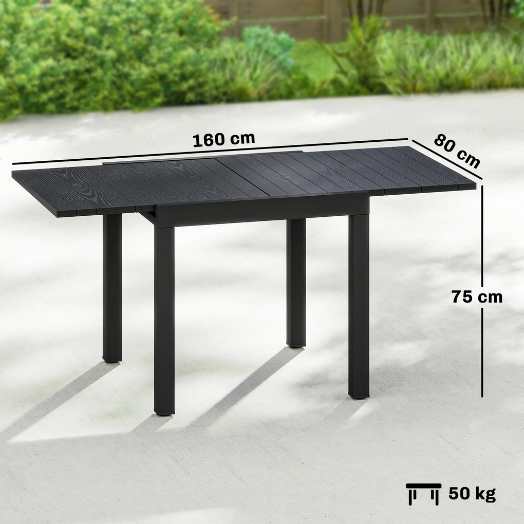 Mesa de Jantar Exterior Extensível 80/160 cm para 4-6 Pessoas de Alumínio com Tampo de Ripas Efeito Madeira Preto