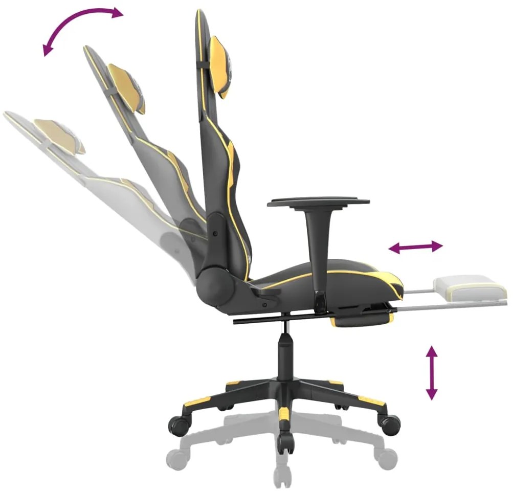 Cadeira gaming c/ apoio pés couro artificial preto e dourado