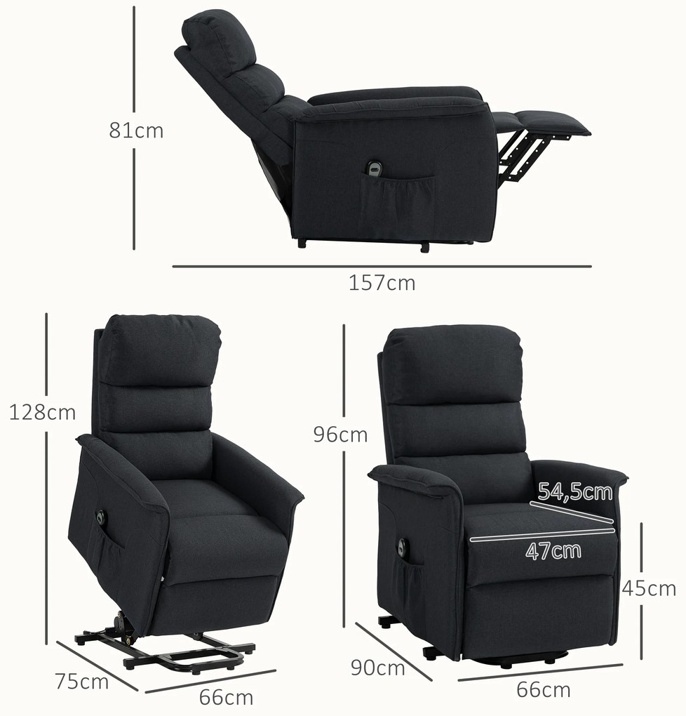 Poltrona Relax Reclinável Elétrica Poltrona Levanta Pessoas com Controlo Remoto e Bolso Lateral 66x90x96 cm Preto