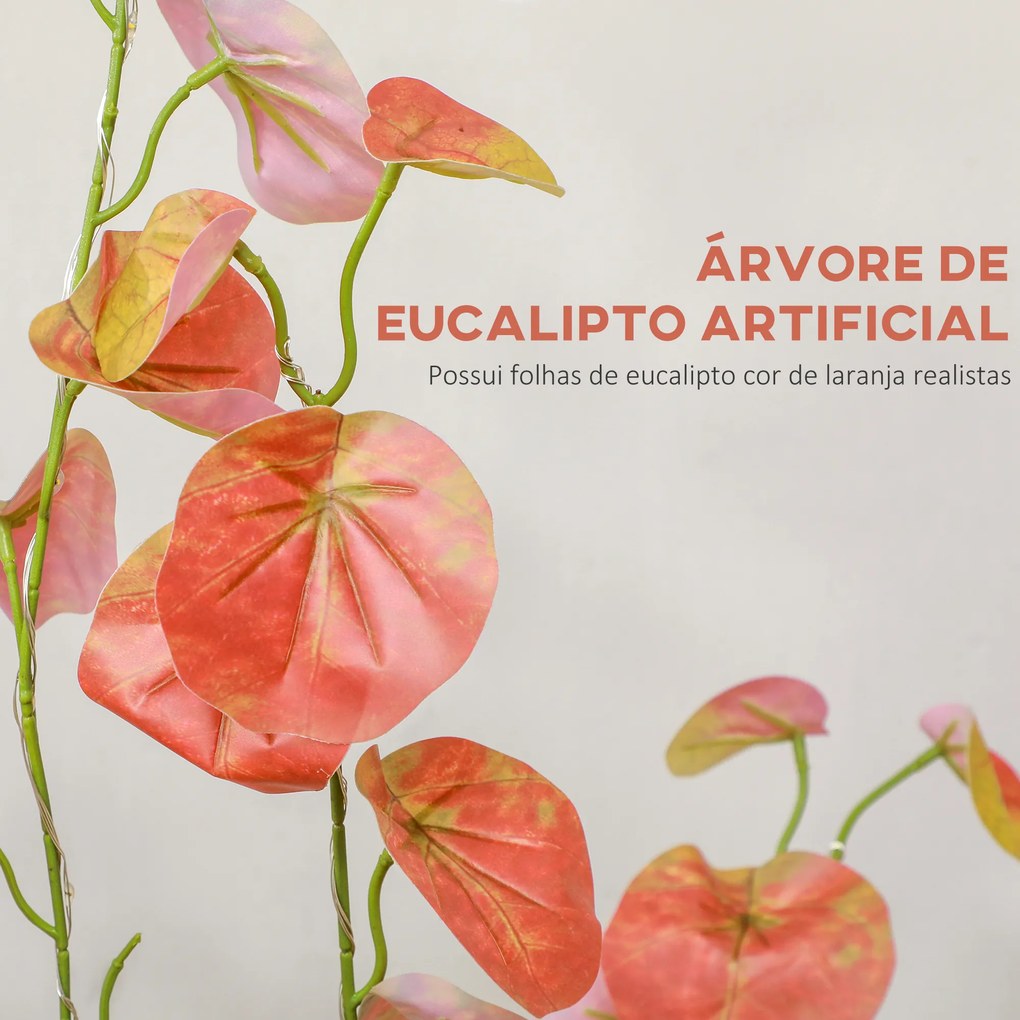 Árvore de Eucalipto Artificial 120 cm Árvore Artificial com 175 Luzes LED e Base Decoração Laranja e Castanho