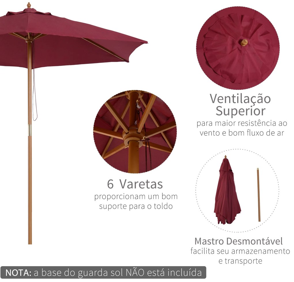 Chapéu de Sol Ø250x230cm Chapéu de Sol com Mastro de Madeira com 6 has