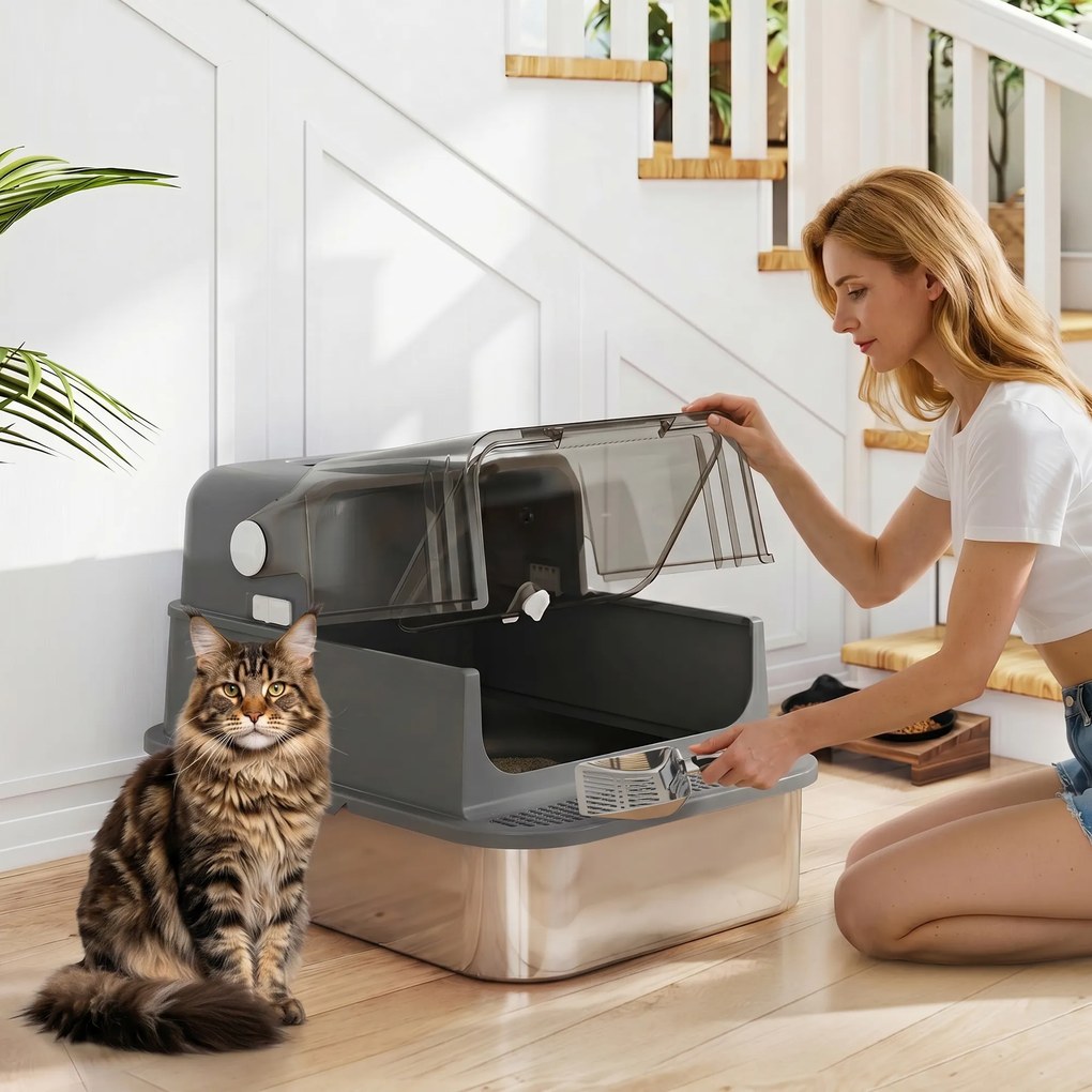 Caixa de Areia para Gatos XXL em Aço Inoxidável com Tampa Basculante, Laterais Altas, Entrada Superior, Pá, Preto