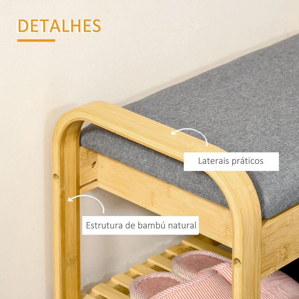 HOMCOM Banco Sapateiro de Bambú Banco para Sapatos com Prateleira Almofada Acolchoada Abatível e Espaço Oculto de Armazenamento para Entrada Corredor 60x33x50cm Natural