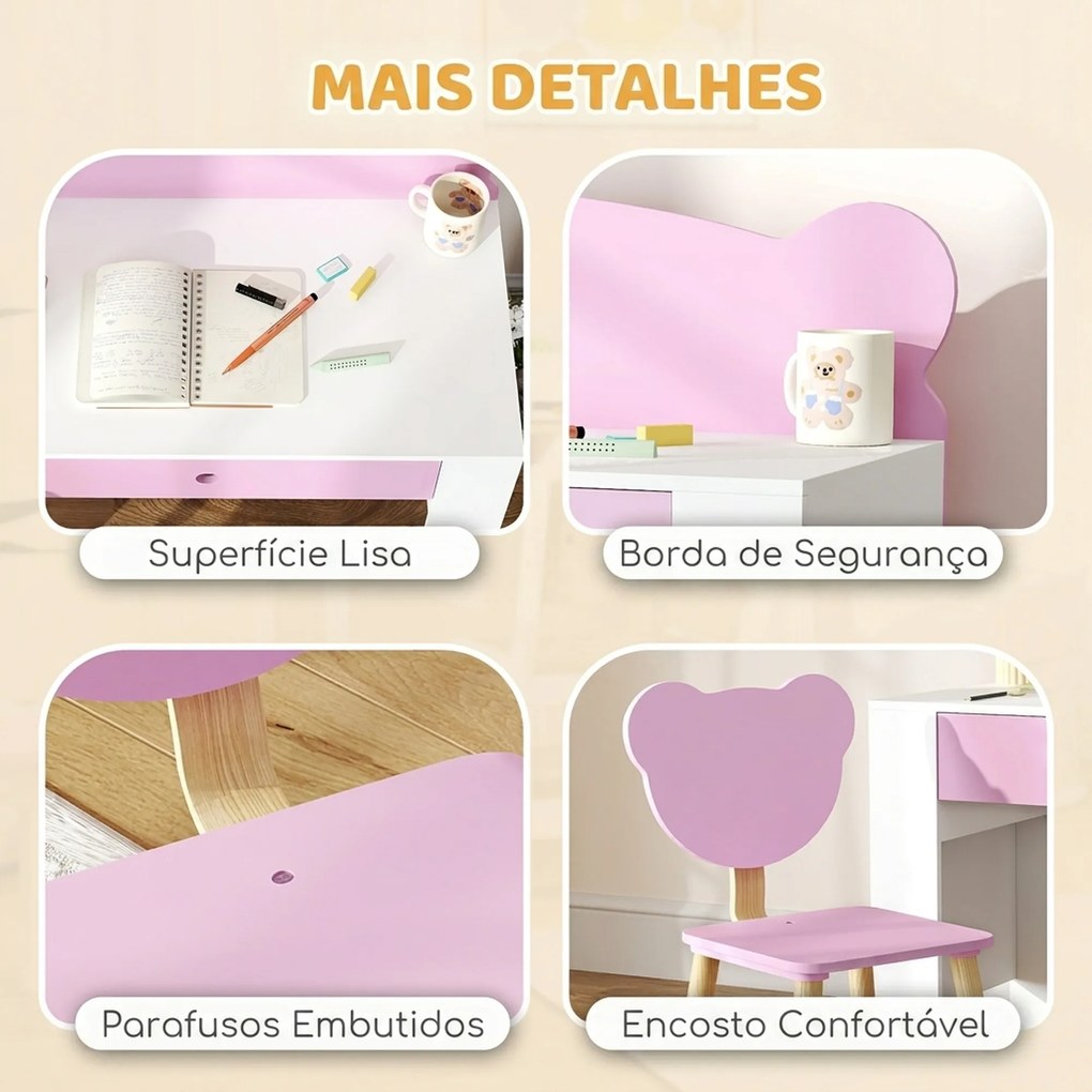 Secretária para Crianças com Cadeira em Forma de Ursinho Secretária Infantil com Gaveta para Estudar Ler e Desenhar Branco e Rosa