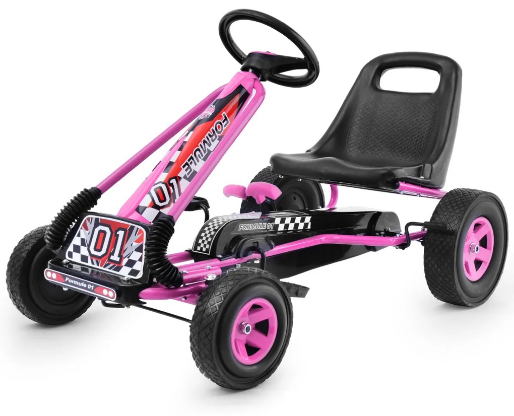 Carro de pedais para crianças de corrida de kart com rodas de borracha, embreagem e travão 98 x 59 x 61 cm rosa