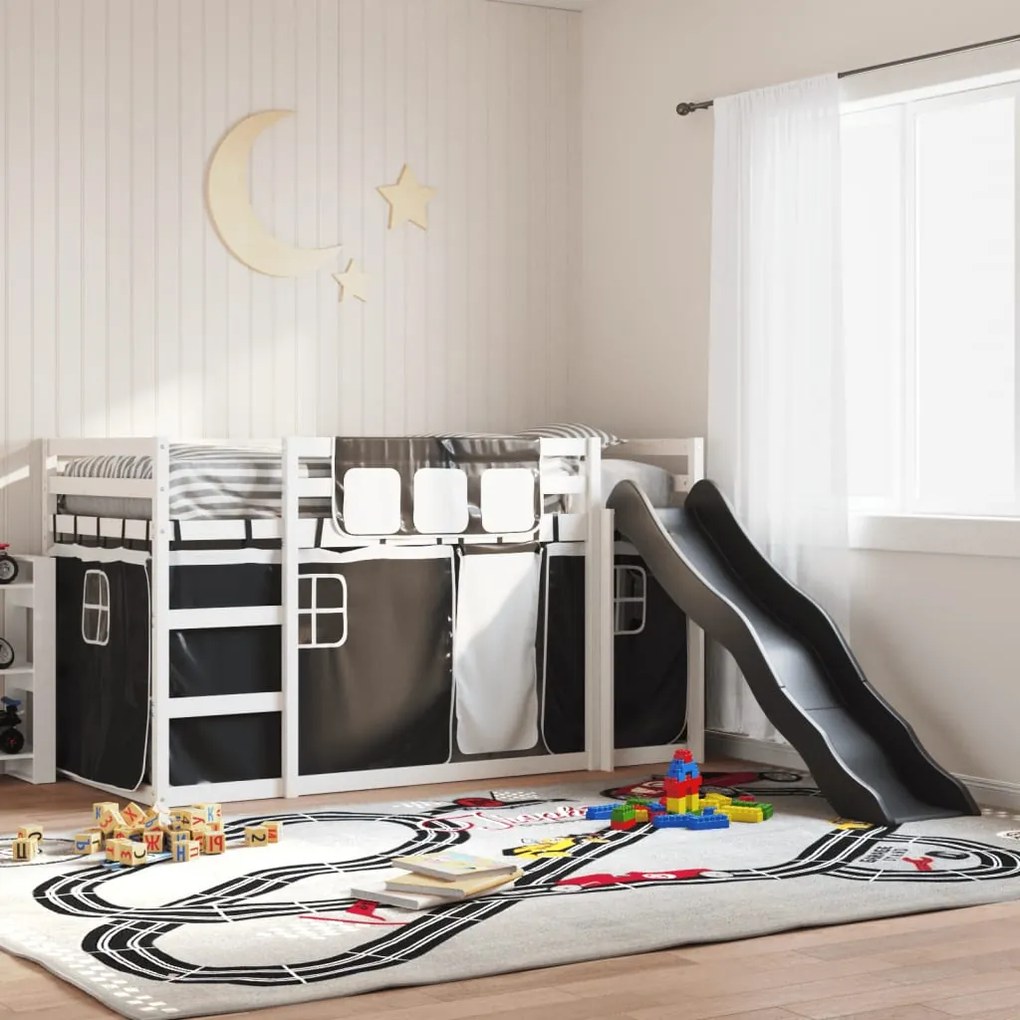 vidaXL Beliche com escorrega e cortinas 90x200 cm branco e preto