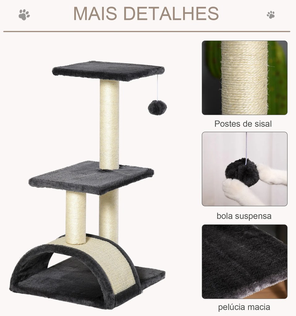 Arranhador para Gatos Médio de 3 Níveis  com Postes de Sisal Placa para Arranhar e Bola Suspensa 40x35x72 cm Cinzento Escuro