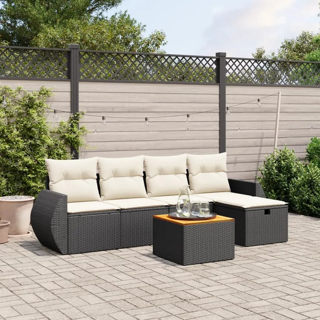 6 pcs conjunto sofás de jardim c/ almofadões vime PE preto