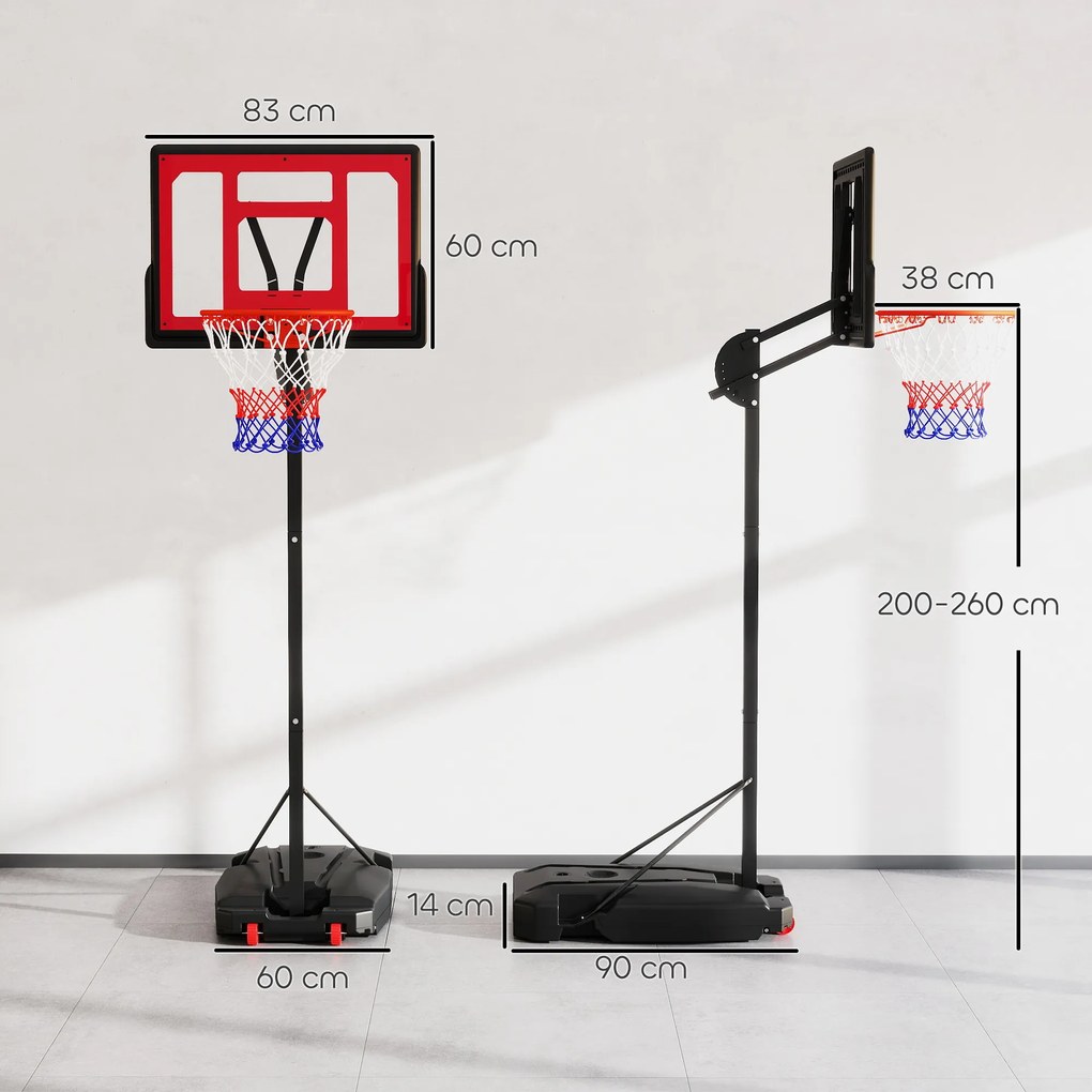 Cesto de Basquetebol para Crianças com Altura Ajustável de 200 a 260 cm com Saco de Pesos Vermelho e Preto