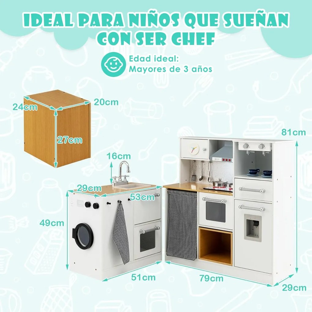 Cozinha de brincar 79 x 29 x 81 cm com sons e luzes realistas, lava-loiça, placas de cozedura e acessórios modernos para crianças com mais de 3 anos,
