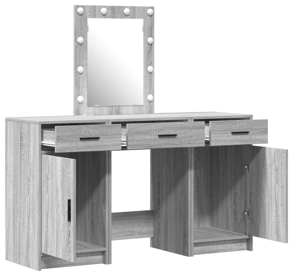 Conjunto de Mesa de Maquiagem de 3 Peças com LED Cinza Sonoma em Madei