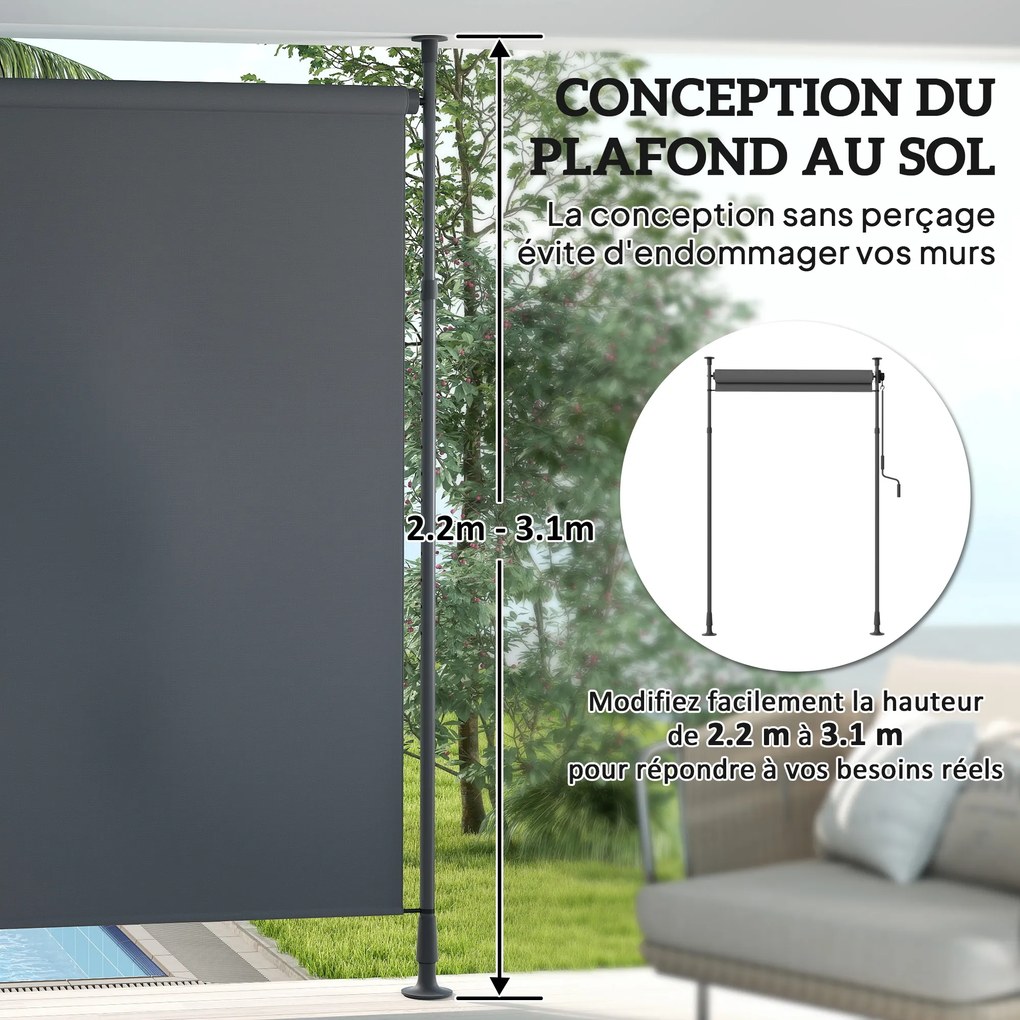 Toldo manual retrátil com suporte 200 L x 220-310 A cm, comprimento ajustável, manivela, instalação sem perfuração, metal de alumínio, poliéster cinze