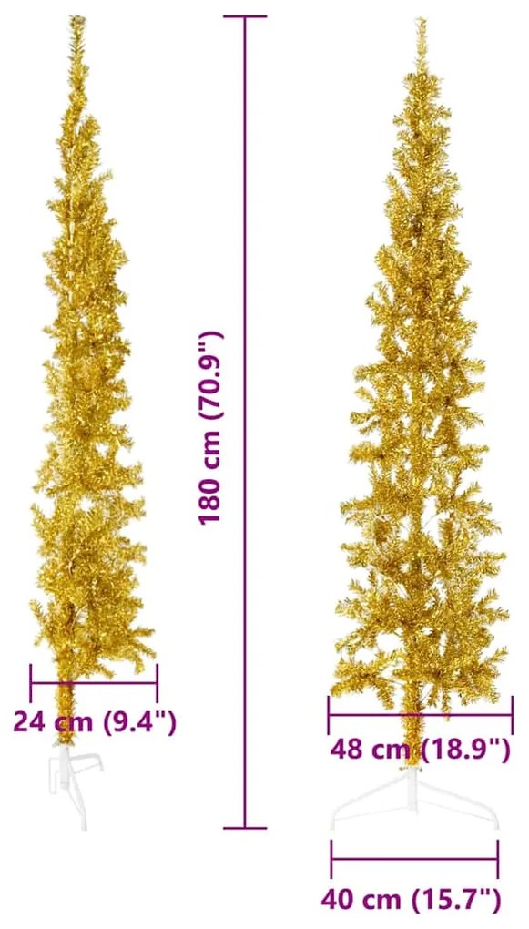 Meia árvore de Natal fina com suporte 180 cm dourado