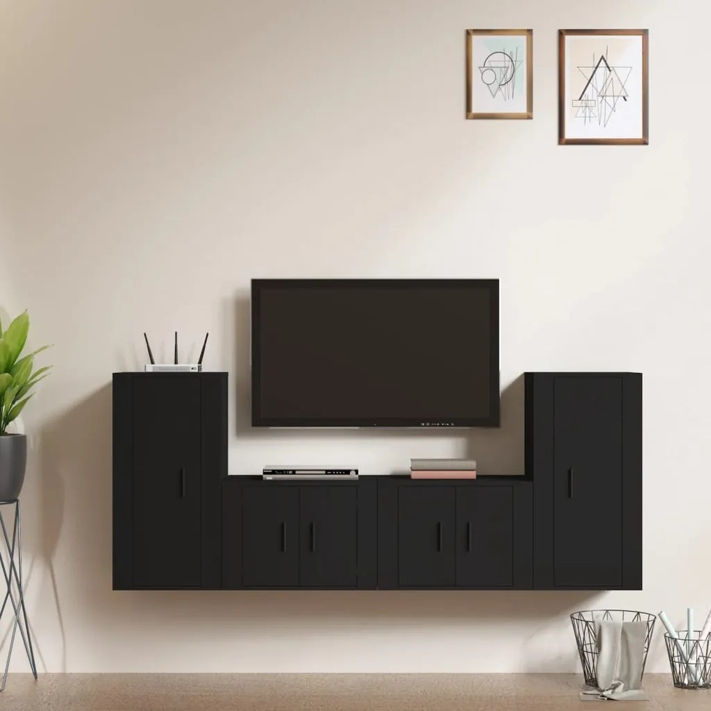 vidaXL Conjunto móveis de TV 4 pcs madeira processada preto