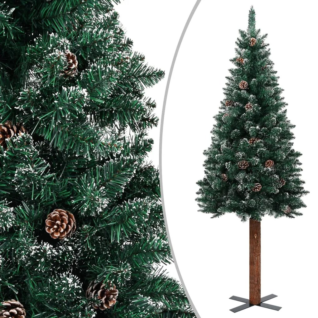 vidaXL Árvore de Natal fina madeira genuína e neve branca 210 cm verde