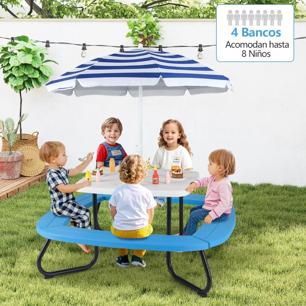 Mesa de atividades jardim crianças com guarda-sol ajustável e dobrável, 4 bancos incorporados até 8 crianças, 125 × 125 × 100-160 cm branca