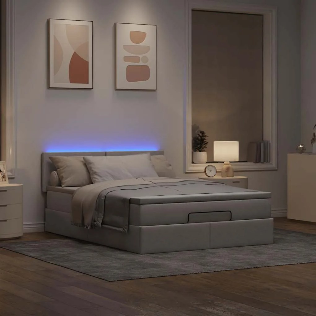 Cama Otomana com Colchão &amp; LEDs Taupe 140x200 cm Tecido