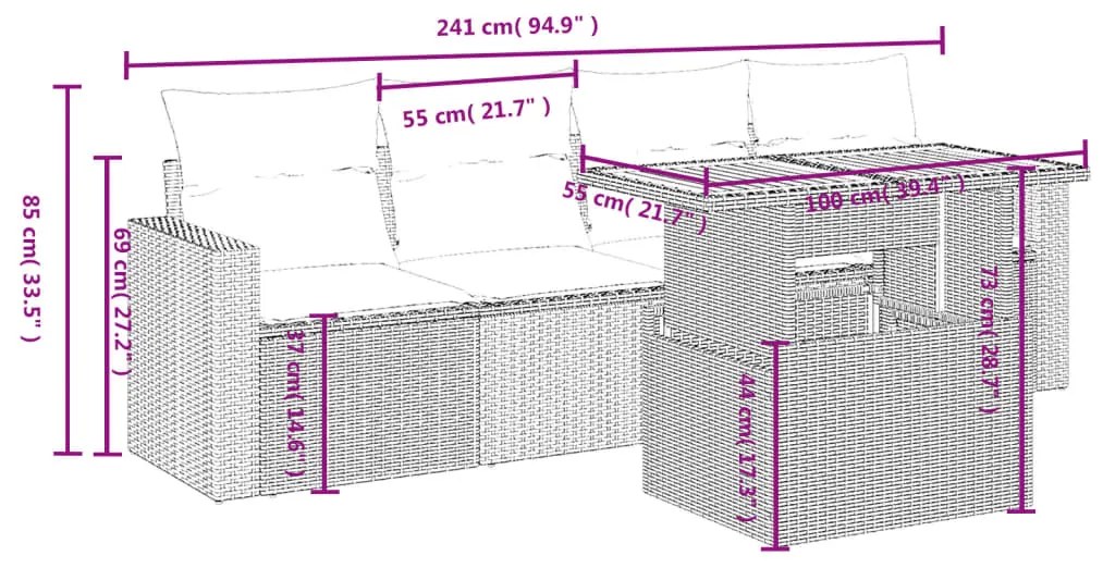 5 pcs conjunto de sofás p/ jardim com almofadões vime PE bege