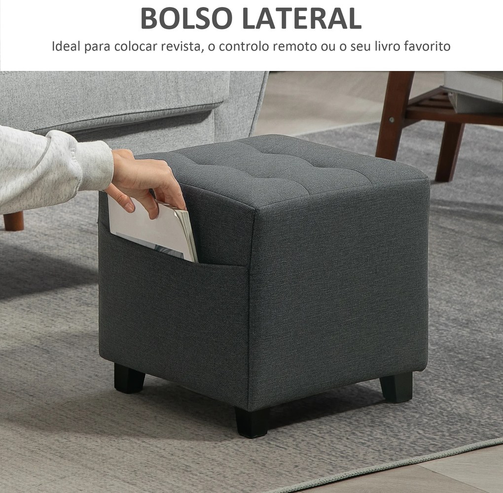 Apoio para os Pés Sala de Estar Banco Estofado em Linho com Bolso Lateral Tampa com Botões  35x35x35 cm Cinzento