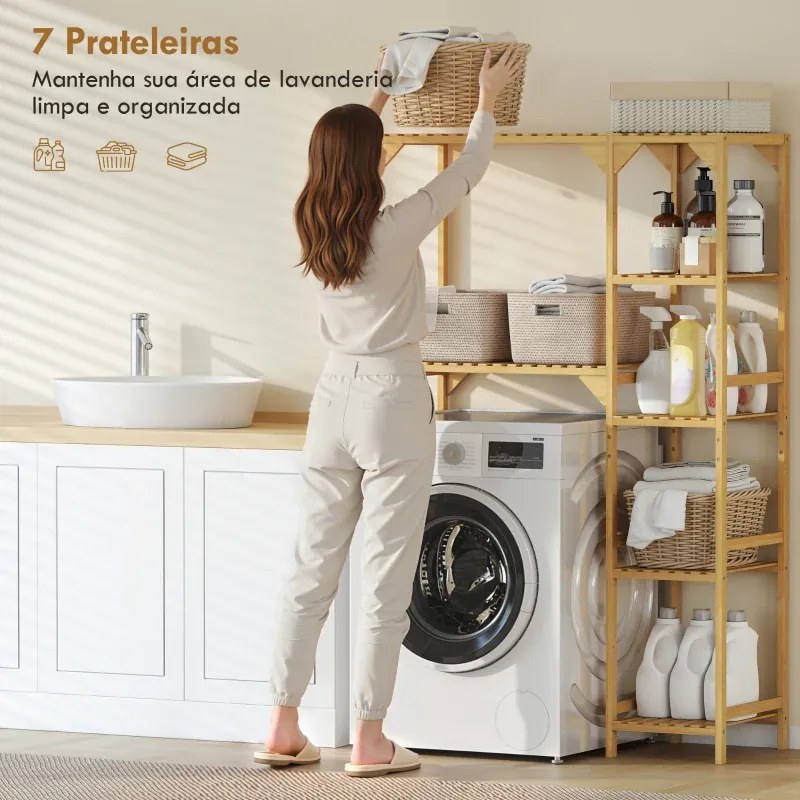 Estante para Máquina de Lavar em Bambu Móvel para Máquina de Lavar ou Sanita com Prateleiras Reversíveis e Ajustáveis 100x40x157 cm Madeira