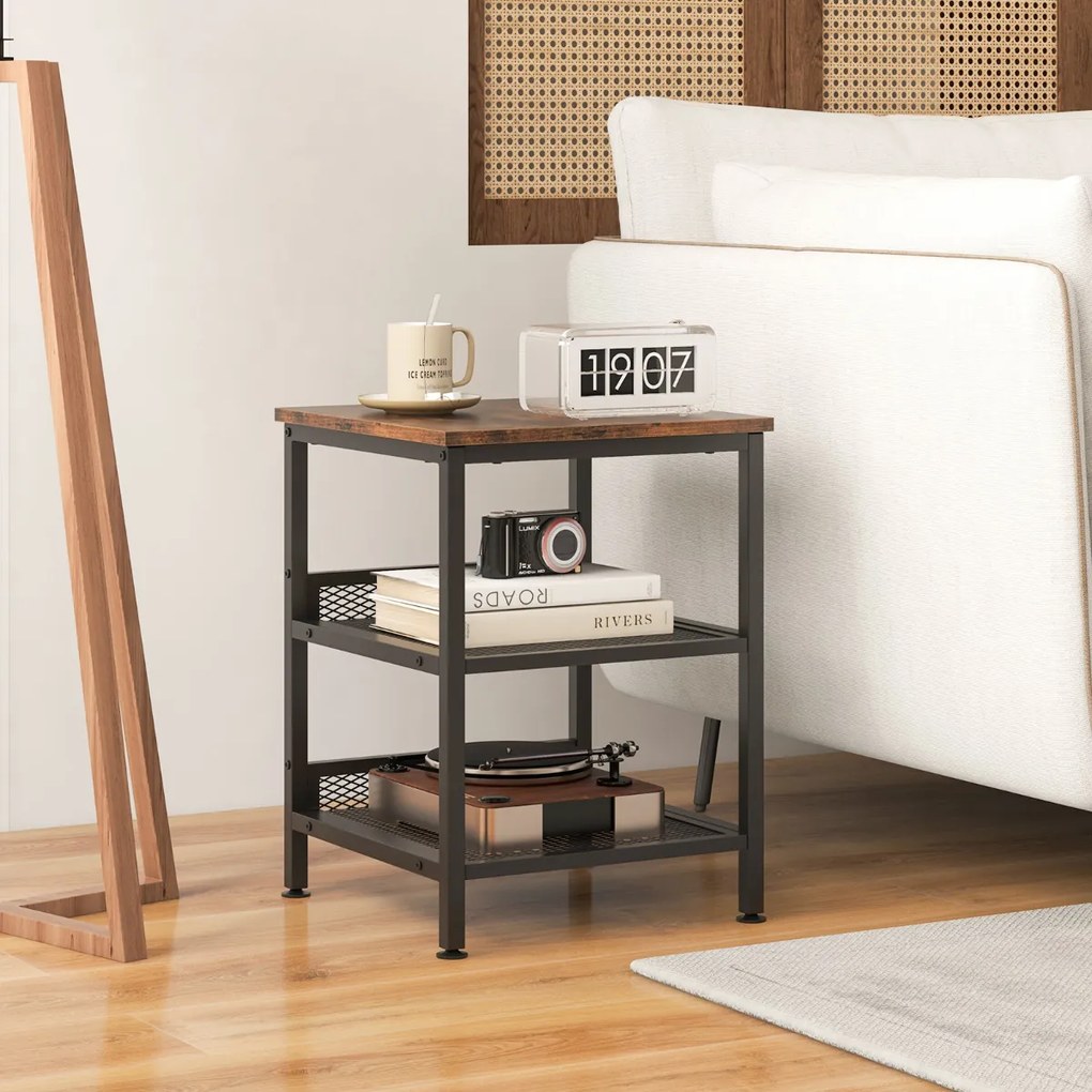 Mesa de apoio, mesa de cabeçeira de 3 níveis quadrada com duas estantes de rede para sala de estar Quarto 40 x 40 x 54 cm Castanho