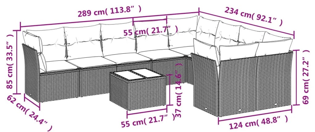 10 pcs conjunto sofás de jardim c/ almofadões vime PE cinzento