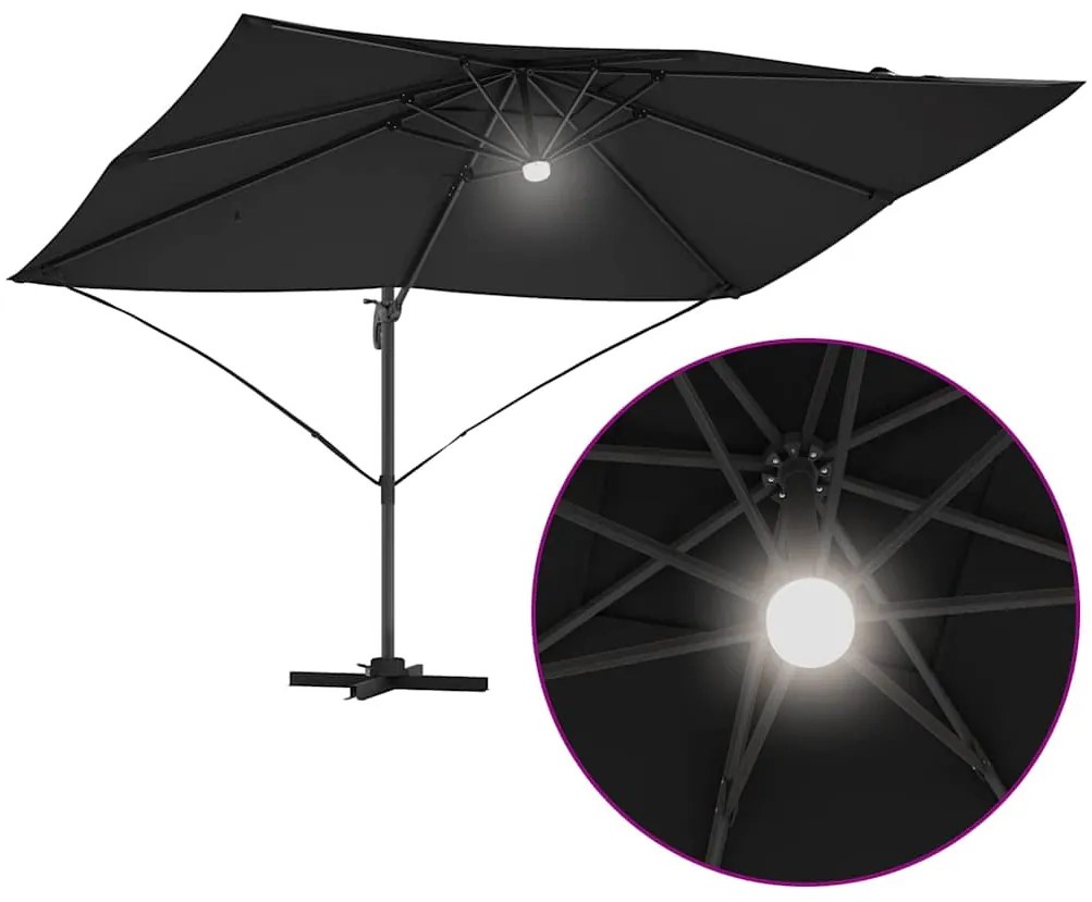 Guarda-Sol Cantilever Roma com LEDs em preto, 352x251x265 cm, feito de