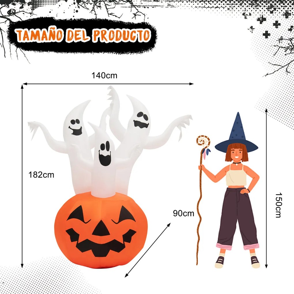 Três Fantasmas Insufláveis de Halloween com Abóbora Decoração de Abóbora Insuflável com Luzes LED Integradas e Lâmpada Giratória