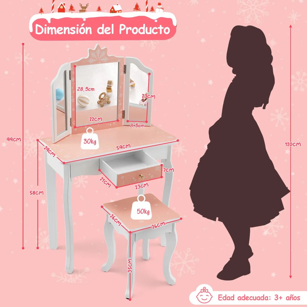 Conjunto toucador infantil com banco, mesa de maquiagem com espelho triplo e gaveta Rosa