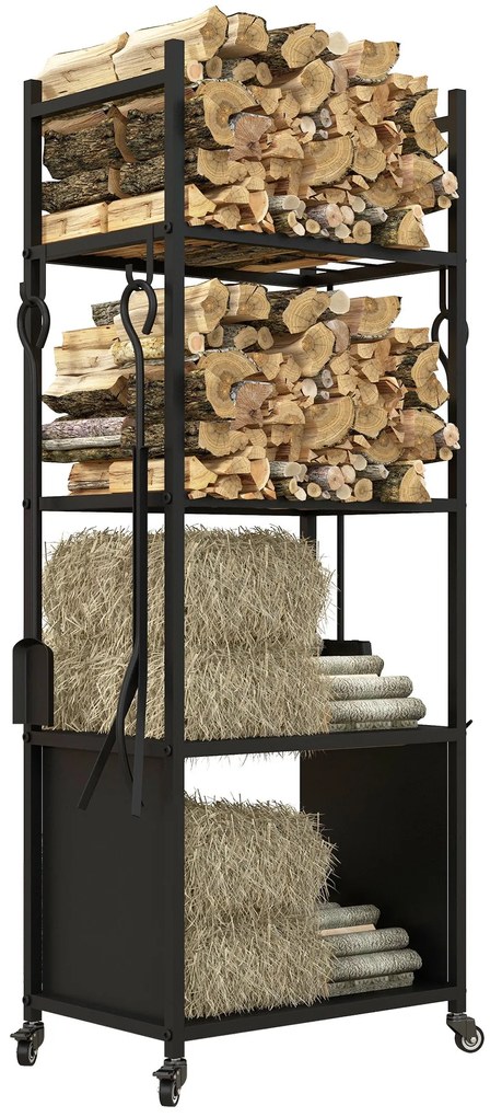 Suporte para Lenha com Rodas e 4 Níveis – 45x30x118 cm | Inclui Pá, Es