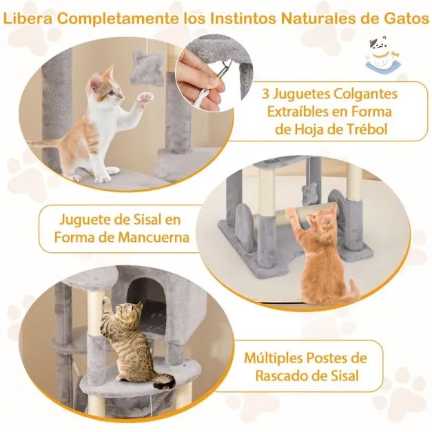 Arranhador para gatos com vários níveis de 176 cm com Cesto Cama Rede Posto de arranhar Plataformas Brinquedos Cinzento